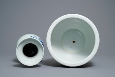 A Chinese blue and white celadon vase and a famille rose jardini&egrave;re, 19th C.