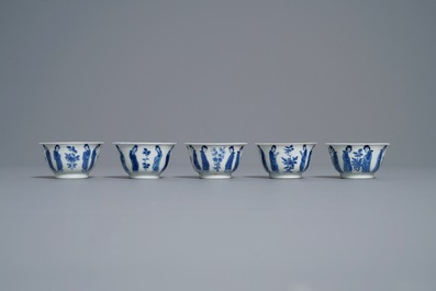 Ten Chinese blue and white 'Long Eliza' cups and saucers, Kangxi