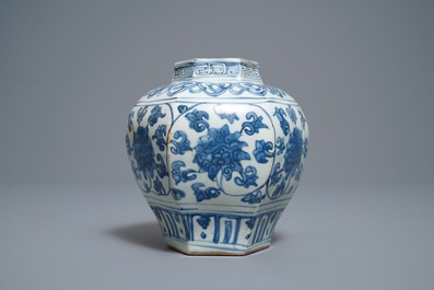A Chinese hexagonal blue and white 'lotus scroll' vase, hare mark, Wanli