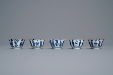 Ten Chinese blue and white 'Long Eliza' cups and saucers, Kangxi