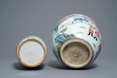 A Chinese blue and white celadon vase and a famille rose jardini&egrave;re, 19th C.
