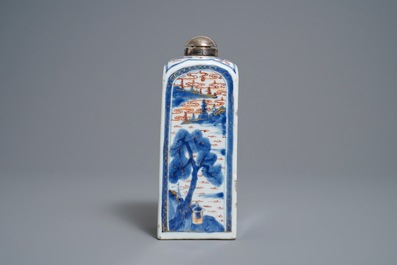 A Chinese square Imari-style silver-mounted bottle, Kangxi