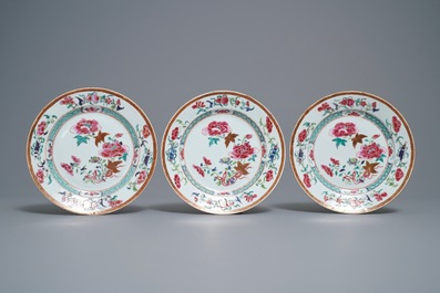 Ten Chinese famille rose 'peony' plates, Qianlong