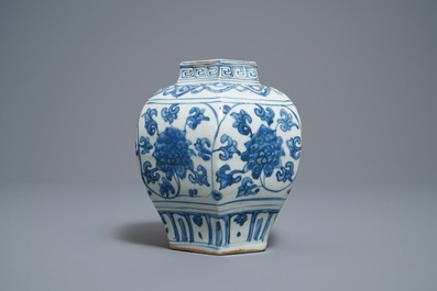 A Chinese hexagonal blue and white 'lotus scroll' vase, hare mark, Wanli