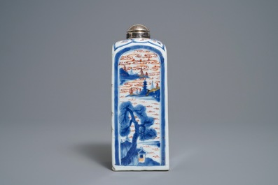 A Chinese square Imari-style silver-mounted bottle, Kangxi