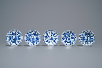 Ten Chinese blue and white 'Long Eliza' cups and saucers, Kangxi