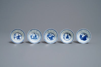 Ten Chinese blue and white 'Long Eliza' cups and saucers, Kangxi