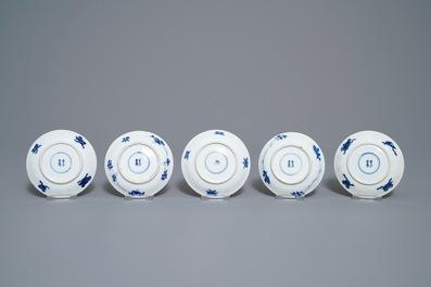 Ten Chinese blue and white 'Long Eliza' cups and saucers, Kangxi