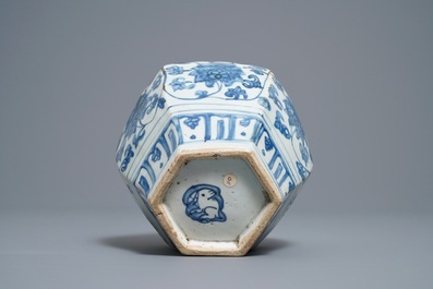 A Chinese hexagonal blue and white 'lotus scroll' vase, hare mark, Wanli