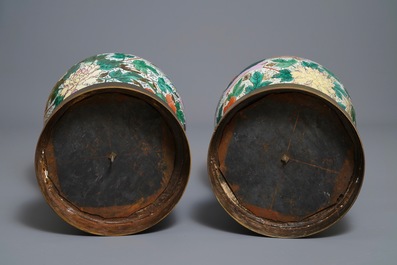 A pair of large bronze-mounted Chinese famille rose vases, 19th C.