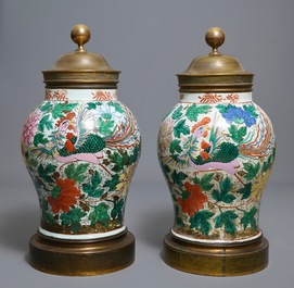A pair of large bronze-mounted Chinese famille rose vases, 19th C.