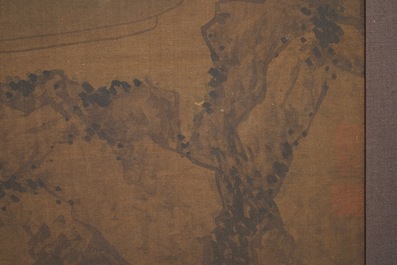 Chinese school, after Su Hanchen (1094-1172), ink and colour on silk: a lady and children near a fish bowl