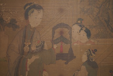 Chinese school, after Su Hanchen (1094-1172), ink and colour on silk: a lady and children near a fish bowl