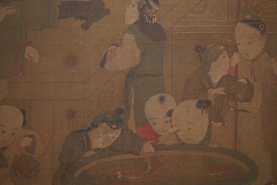 Chinese school, after Su Hanchen (1094-1172), ink and colour on silk: a lady and children near a fish bowl