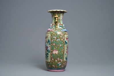 A Chinese brown- and celadon-ground famille rose vase, 19th C.