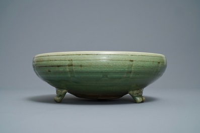A large Chinese Longquan celadon tripod incense burner, Ming