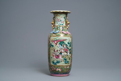 A Chinese brown- and celadon-ground famille rose vase, 19th C.