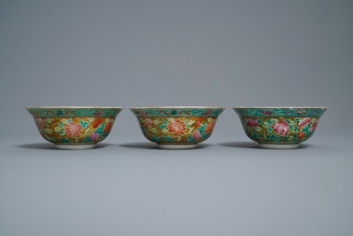 Three Chinese famille rose Straits or Peranakan market bowls, 4-character mark, 19th C.