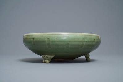 A large Chinese Longquan celadon tripod incense burner, Ming
