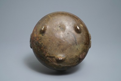 A large Chinese bronze tripod censer with engraved dragons, 19th C.