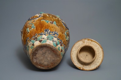 A large Chinese polychrome stoneware martaban jar and cover, Ming/Qing