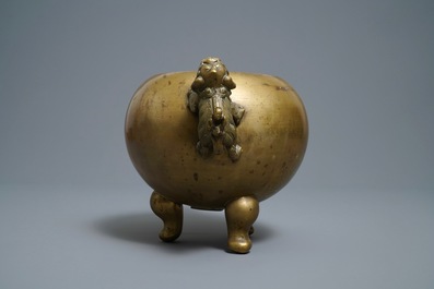 A large Chinese bronze tripod censer on stand, 19th C.