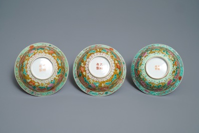 Three Chinese famille rose Straits or Peranakan market bowls, 4-character mark, 19th C.