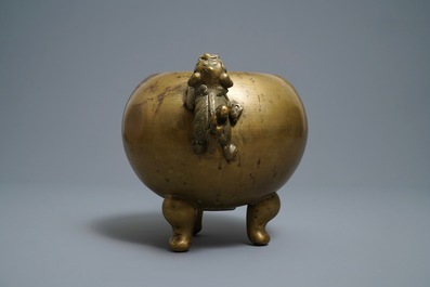 A large Chinese bronze tripod censer on stand, 19th C.