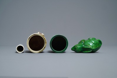 Two Chinese monochrome relief-decorated brush pots, an incense tube and a rabbit, 18/19th C.
