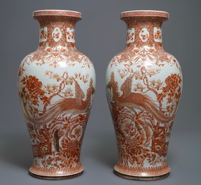 A pair of large Chinese iron red and gilt 'phoenixes' vases, Qianlong