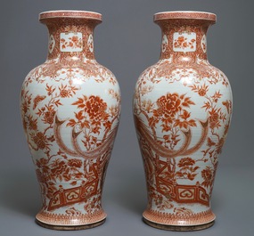 A pair of large Chinese iron red and gilt 'phoenixes' vases, Qianlong