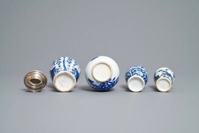 Nine Chinese blue and white silver-mounted vases, Kangxi