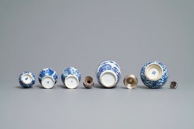Nine Chinese blue and white silver-mounted vases, Kangxi