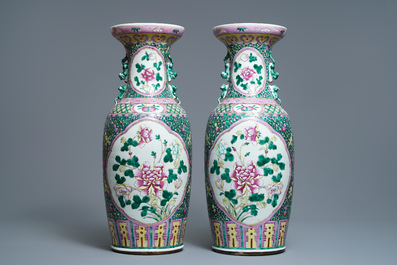 A pair of Chinese famille rose 'peony' vases, 19th C.
