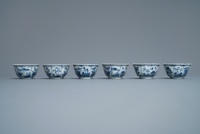 Six Chinese blue and white 'deer' cups and saucers, Ca Mau wreck, Yongzheng