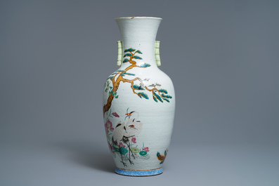 A Chinese famille rose 'phoenix and crane' vase, Qianlong mark, 19th C.