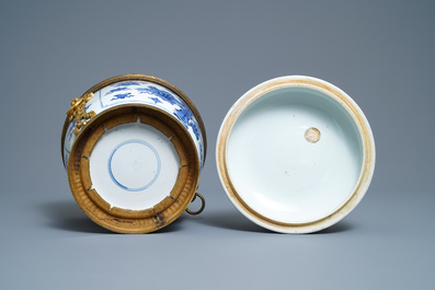 A Chinese blue and white bowl and cover with gilt bronze mounts, Kangxi