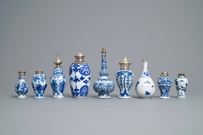 Nine Chinese blue and white silver-mounted vases, Kangxi