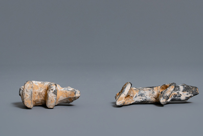 A Chinese earthenware model of a stable and five animals, Han