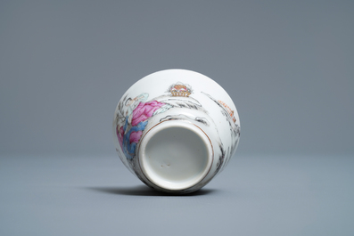 A Chinese famille rose 'amorous couple' cup and saucer, Qianlong