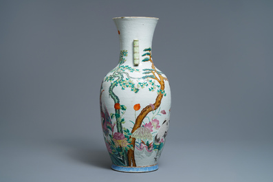 A Chinese famille rose 'phoenix and crane' vase, Qianlong mark, 19th C.