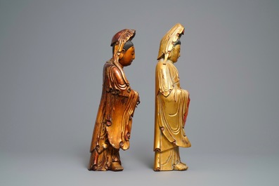 Deux grandes figures de Guanyin en bois dor&eacute; et laqu&eacute;, Chine, 18/19&egrave;me