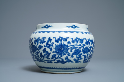A Chinese blue and white 'lotus scroll' bowl, Kangxi