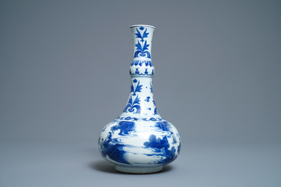 A Chinese blue and white bottle vase with figures in a landscape, Transitional period