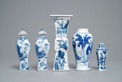 Five Chinese blue and white vases, Kangxi