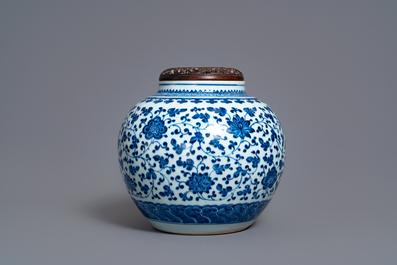 A Chinese blue and white globular jar with floral scrolls, Qianlong
