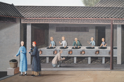 Chinese school, Canton, watercolour on paper, 19th C.: Four tea production scenes
