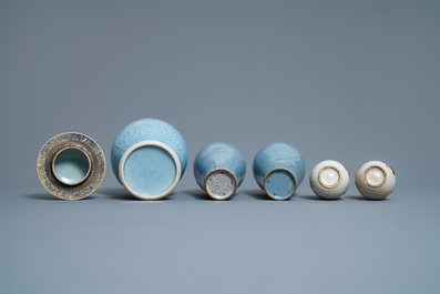 Five Chinese monochrome lavender blue and crackle-glazed vases, 19/20th C.