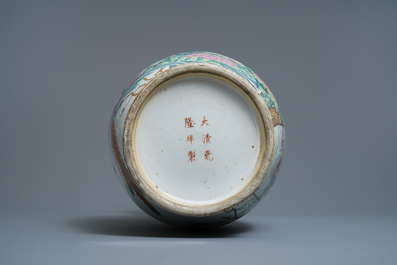 A Chinese famille rose 'phoenix and crane' vase, Qianlong mark, 19th C.