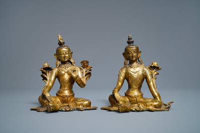 Deux mod&egrave;les de Tara en bronze dor&eacute;, Tibet ou Mongolie, 17/18&egrave;me
